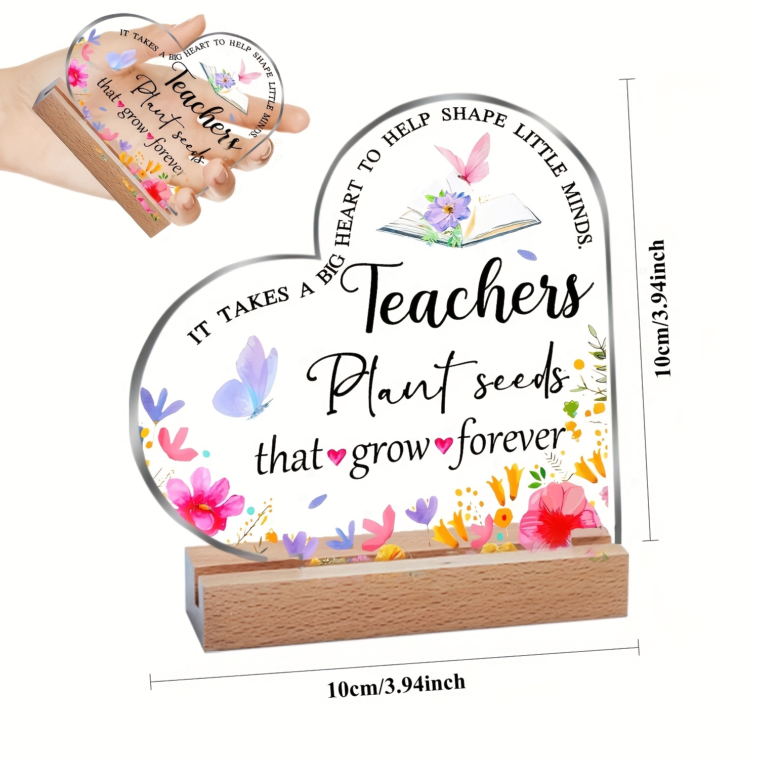 TEMU 2d Design, 1pc Heart-shaped Teacher Appreciation Gift With - Acrylic Desktop Decoration, Light-colored Floral Classroom Or Office Decor, Wooden