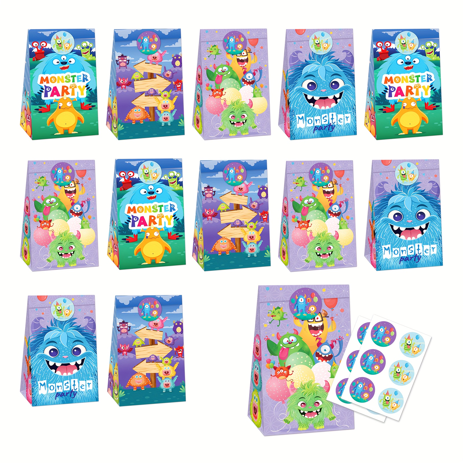 Image of Monster Party Paper Bags, Party Supplies , 12 Monster Paper Bags + 12 Monster Stickers, Party Decoration Set, Wrapping Bags, Suitable For Small Animal Parties, Zoo Parties, Birthday Parties