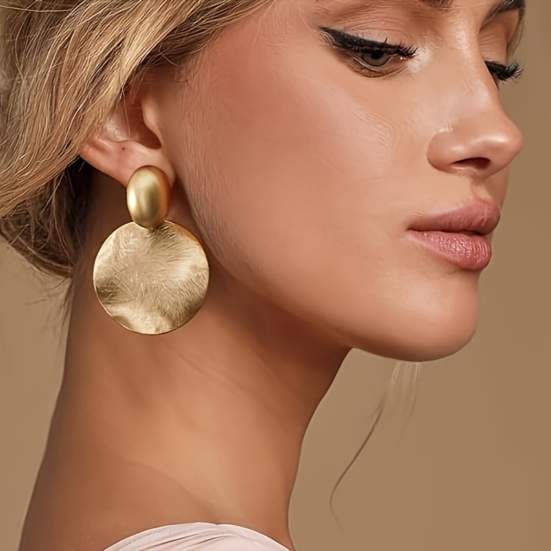 

Golden Round Pendant Earrings, Vintage Bohemian Style, Fashion Women's Gift, Stainless Steel Studs, All-season Accessory For Daily & Party Wear, Perfect For Valentine's Day