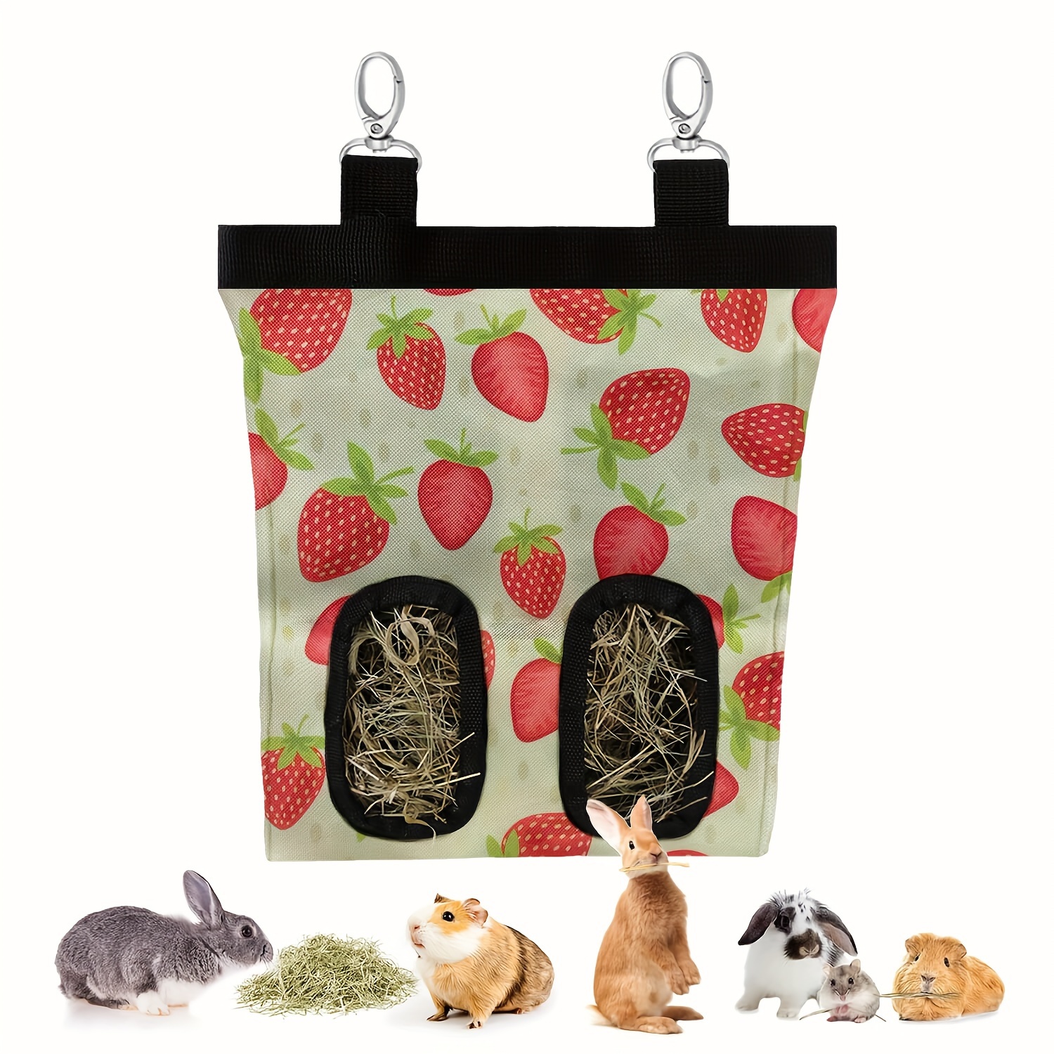 

Rabbit Hay Feeder Bag, Strawberry Pattern 1/2/3/4 Holes Hay Hanging Feeder Storage For Rabbit Guinea Pig Chinchilla, 600d Oxford Cloth Fabric