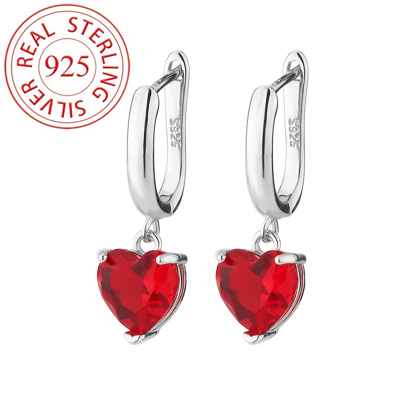 

1pc Luxury 925 Sterling Silver Heart-shaped Red Synthetic Zirconia Earrings For Women, Birthstone, & Valentine's Day Gift,