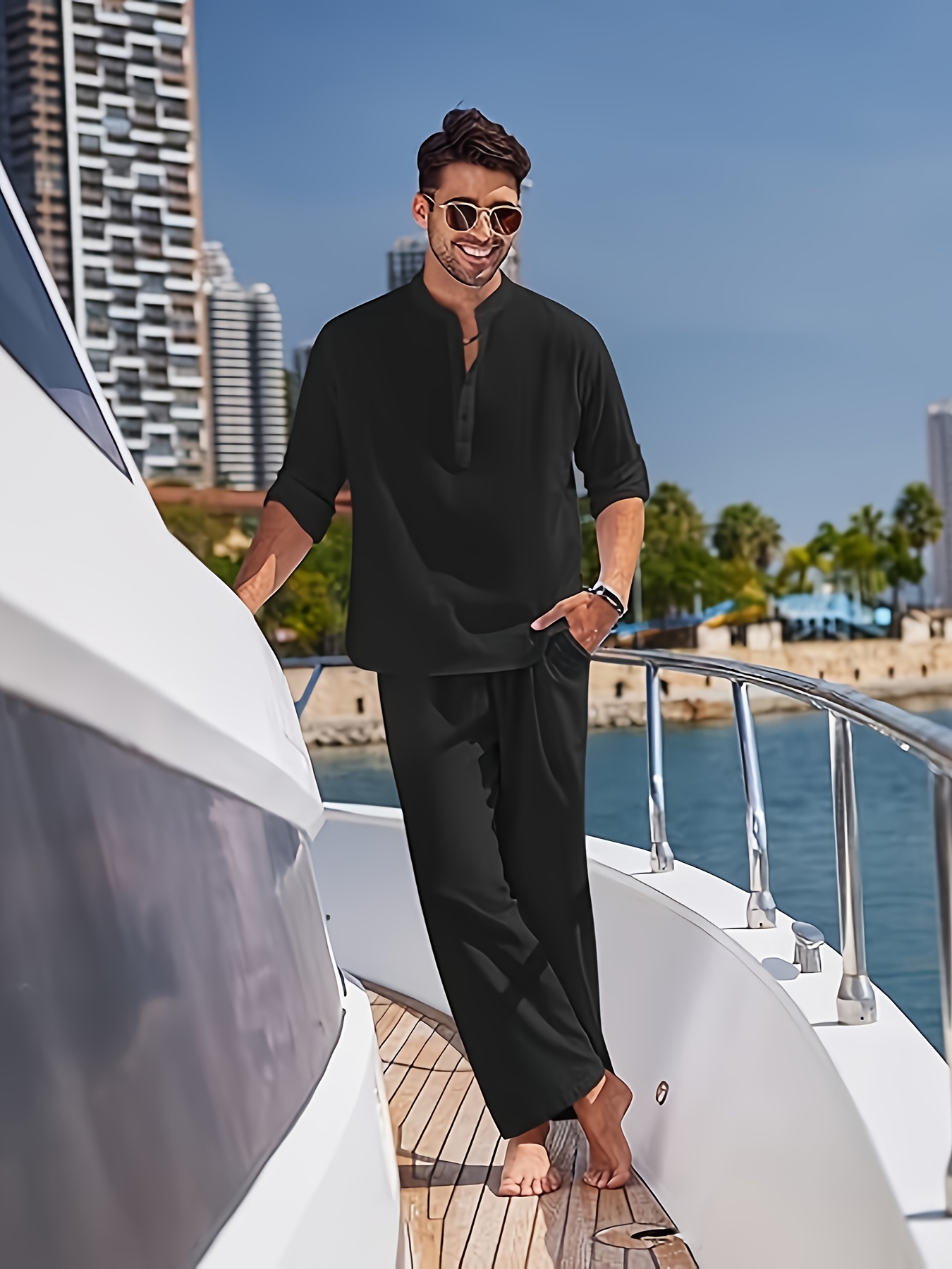 Men'S 2pcs Cotton Sweatsuit Set Casual Henley Long Sleeve Shirt and Beach Trousers with Pockets Yoga Outfit Solid Color Non-Stretch Woven Fabric Spring/Fall Button Details Regular Fit