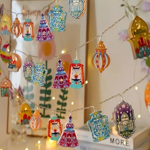 1pc colorful led lighting middle eastern and indian style lantern string lights with 10 led lights battery operated batteries not included vibrant arabian design with stained glass patterns ramadan decorations
