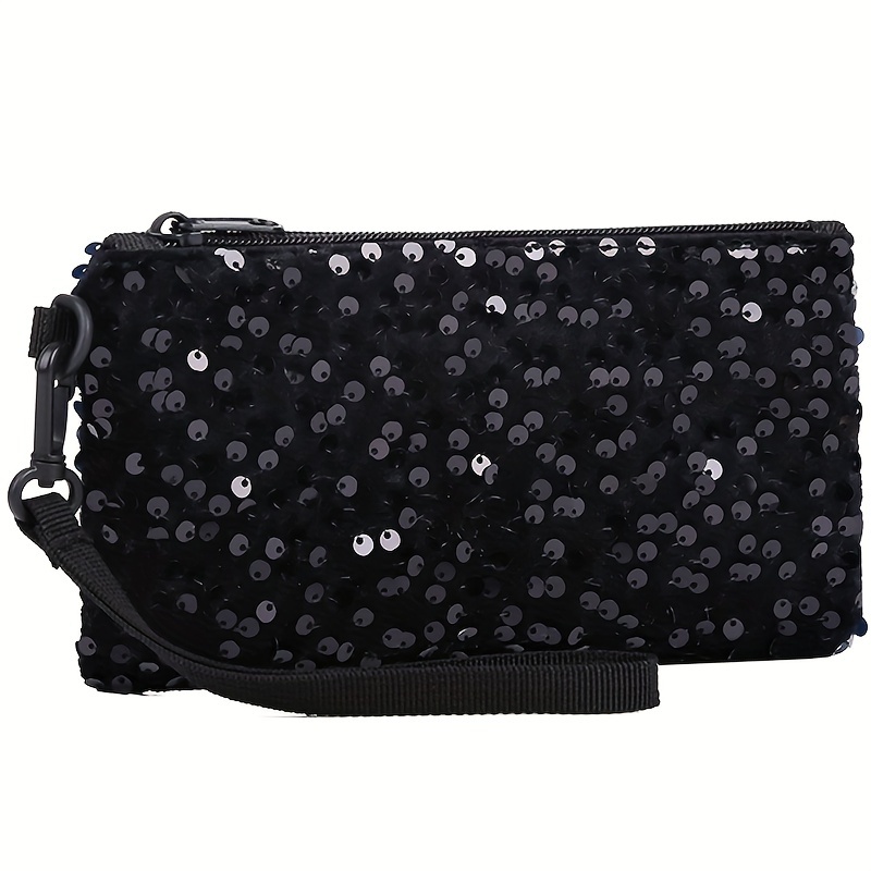 TEMU Chic Sequin Clutch For Women - Nylon, With Zipper & Wrist Strap, , Phone Bag, Change Money, Random