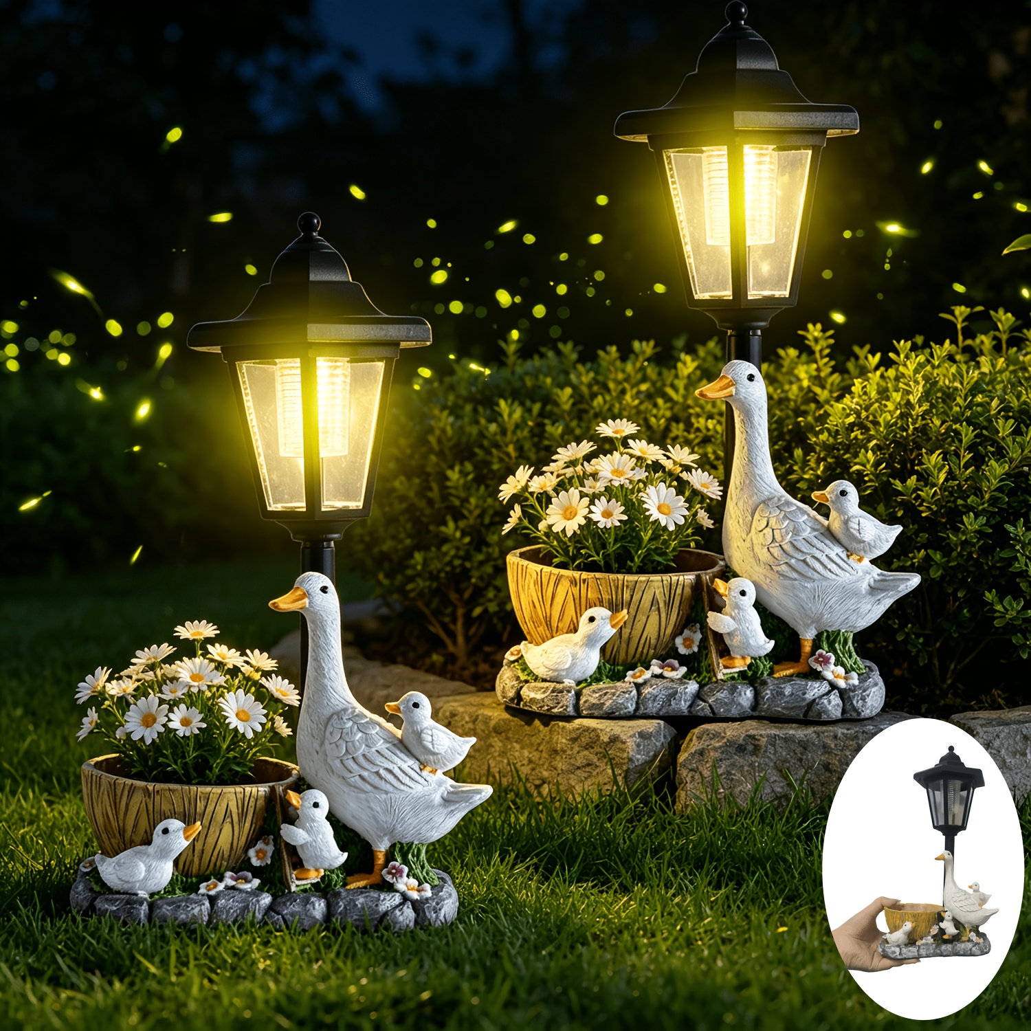TEMU SAIKOGITL 2 pezzi Luce Statua da Esterno, Famiglia di Luci Solari da Giardino con Fioriera, Decorazioni Solari da Esterno, Decorazioni per Prato