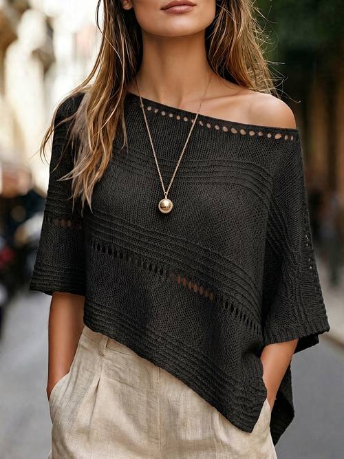 larawan ng item - na cape na may hollow-out para sa kababaihan, boat neck na may regular na laylayan para sa tag- na beach cover-up, seaside bohemian na casual top, magaan at mahangin na maluwag na knitwear, ng mesh na may pahalang na guhitan, relaxed layering style, angkop