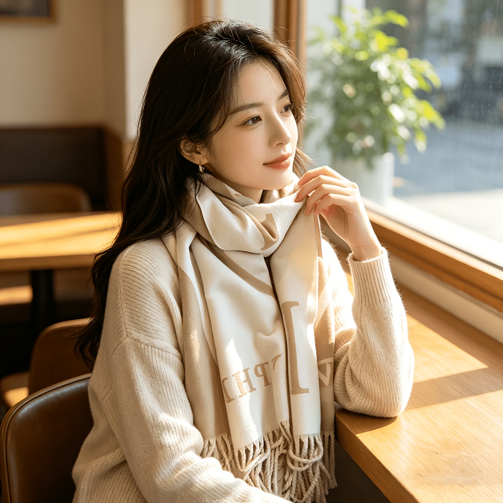 TEMU Elegant Double-sided Thick Scarf For Women - Warm And Soft Polyester Shawl With Tassels, Beige And Brown Striped Design, Perfect For Autumn And