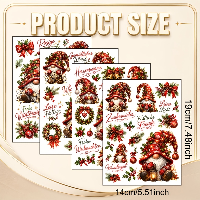 TEMU 4pcs Vintage German Christmas Gnome Transfer Suitable For Glass/ceramic Crafts, Uv Suitable For Smooth Surfaces With , Ornaments & Bows, German