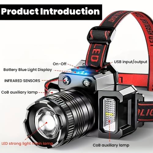 1pc led sensor headlamp rechargeable head mounted flashlight flashlight night fishing ocean mining light with cob side light for outdoor camping fishing hunting climbing emergency lighting hiking portable emergency work light