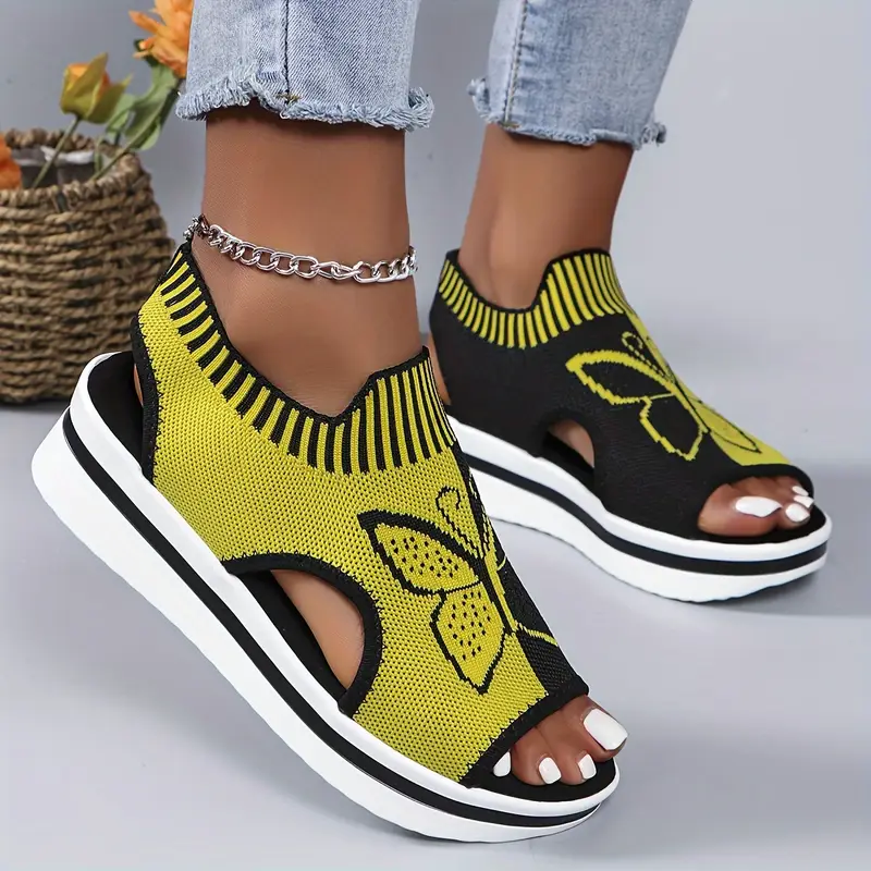 womens color knitted sandals platform slip on walking comfort shoes butterfly wedge stretch shoes details 6