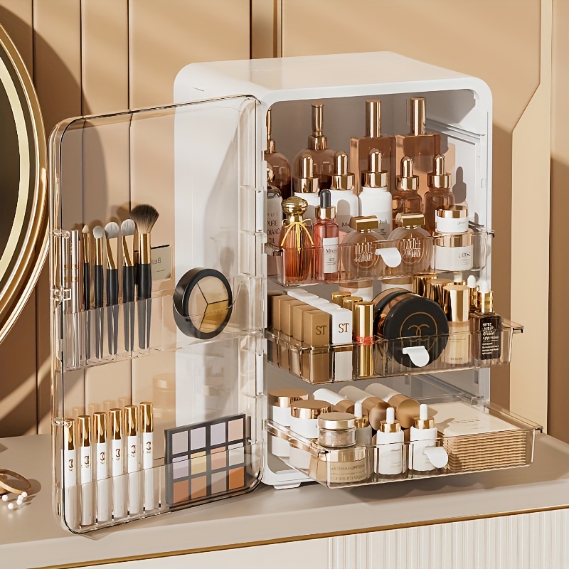 contemporary multi purpose desktop storage cabinet with built in drawers categorized compartments large capacity organizer for jewelry cosmetics makeup brushes lipsticks bottles durable plastic with magnetic closure perfect gift for valentines day mothers day graduation cosmetic holder   transparent side door sturdy construction home organizers Product details 7