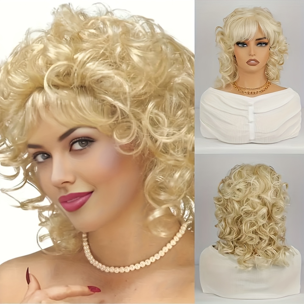 Stylish Wavy Wig With Bangs, Featuring Soft And Fluffy Curls, Designed For Women Using Synthetic Fibers