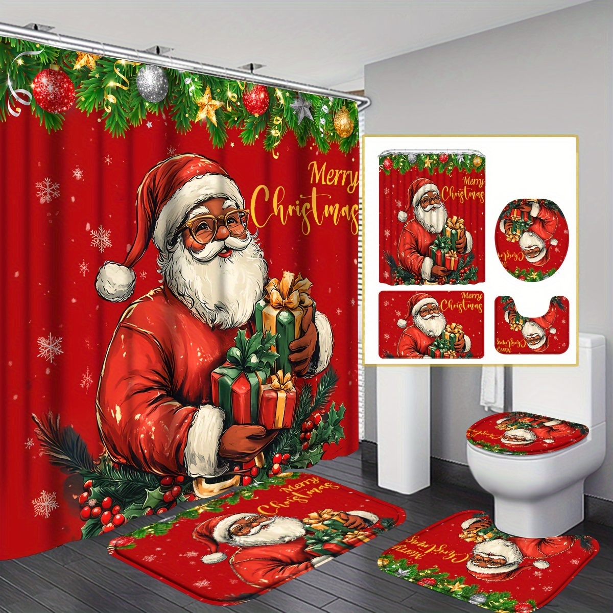 TEMU 4pcs Christmas Santa Claus Shower Curtain Set, Polyester Curtain With 12 Hooks, Non-slip Shower, Toilet, And Bathroom Additions, Modern For Home