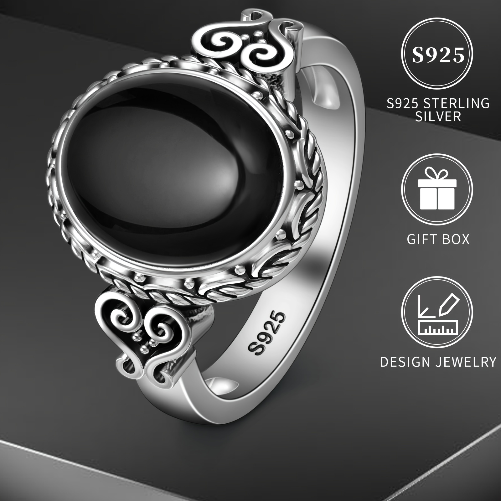 elegant black agate womens ring 925 sterling silvery hypoallergenic vintage victorian style with heart vine design     or gifting   gift box details 3