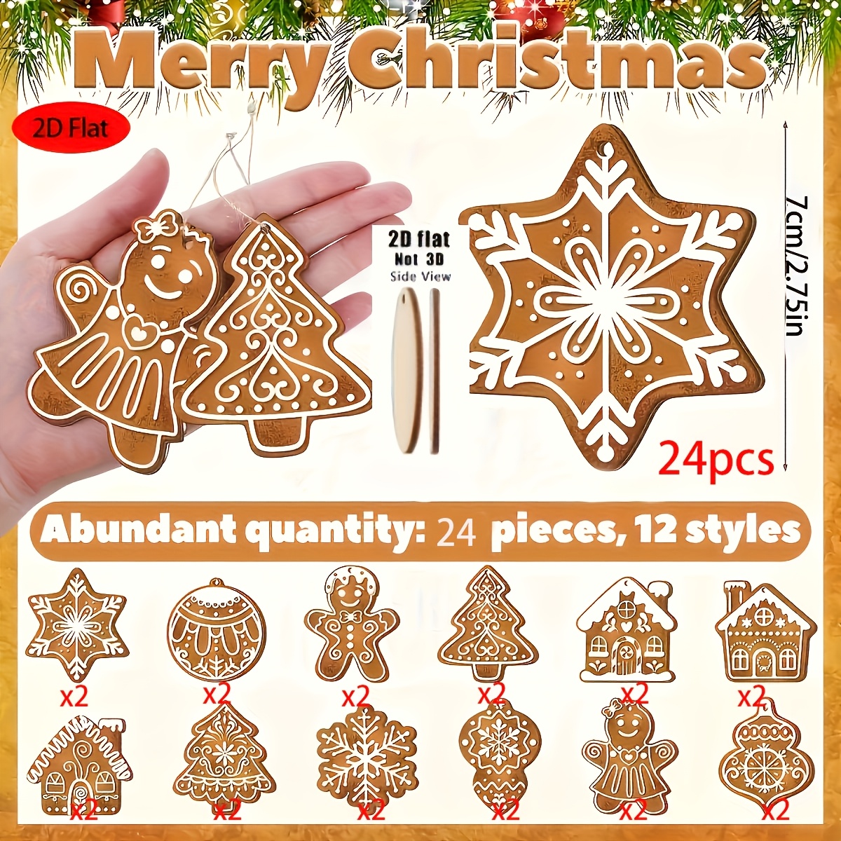 Image of 2d Flat - 24pcs Of Christmas 2d Flat Creative Gingerbread Men, Gingerbread Houses, Five-pointed Decorations, Festive Atmosphere Tree Ornaments, Exquisite Decorations For Rooms And Yards, Holiday Gifts