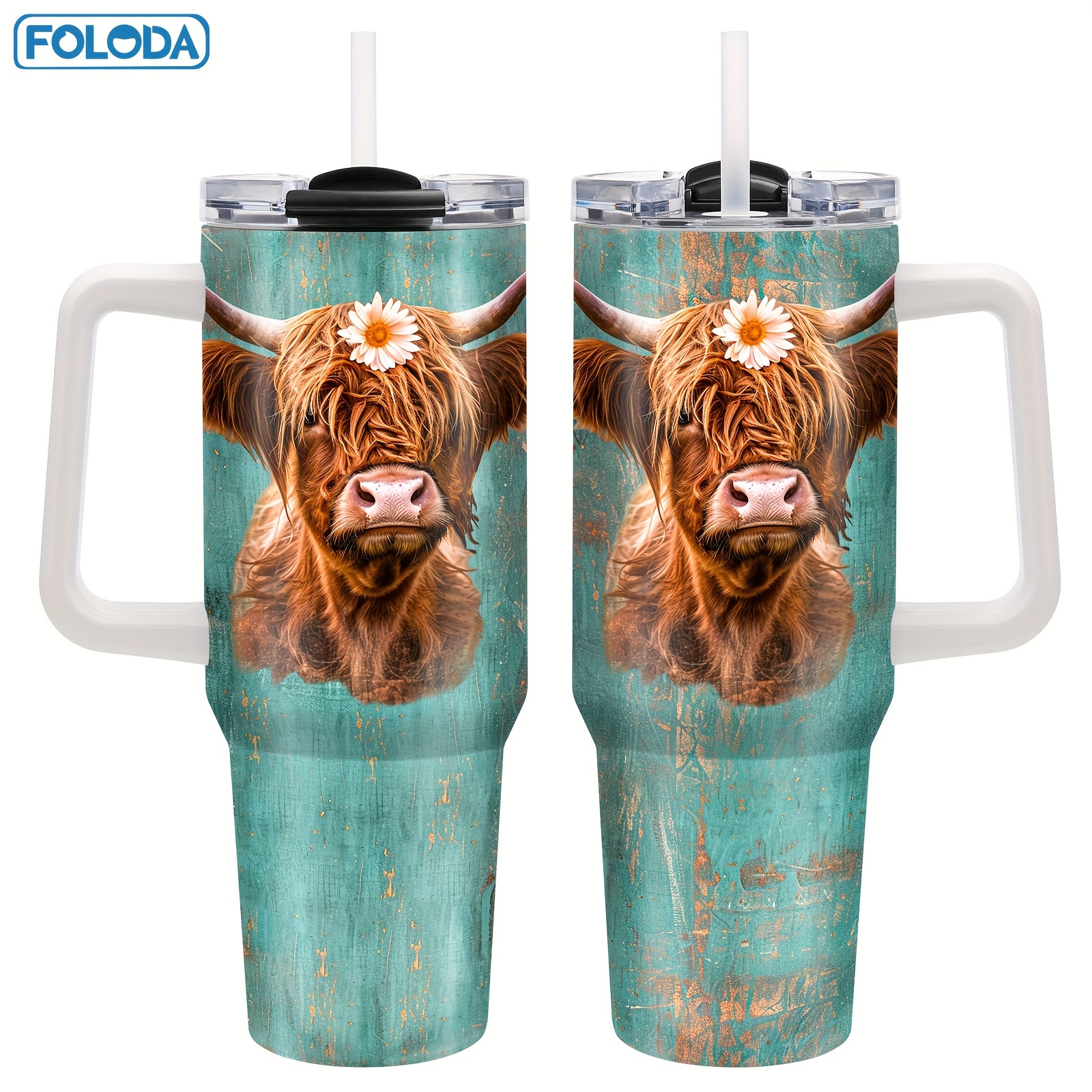 

Foloda 1pc Highland Cow , 40oz Stainless Steel Insulated Travel Mug With Lid And Straw Handle, Christmas Gift, Animal Print, Reusable, Leak-proof, Oval Shape, For Coffee, Tea, And Beverages