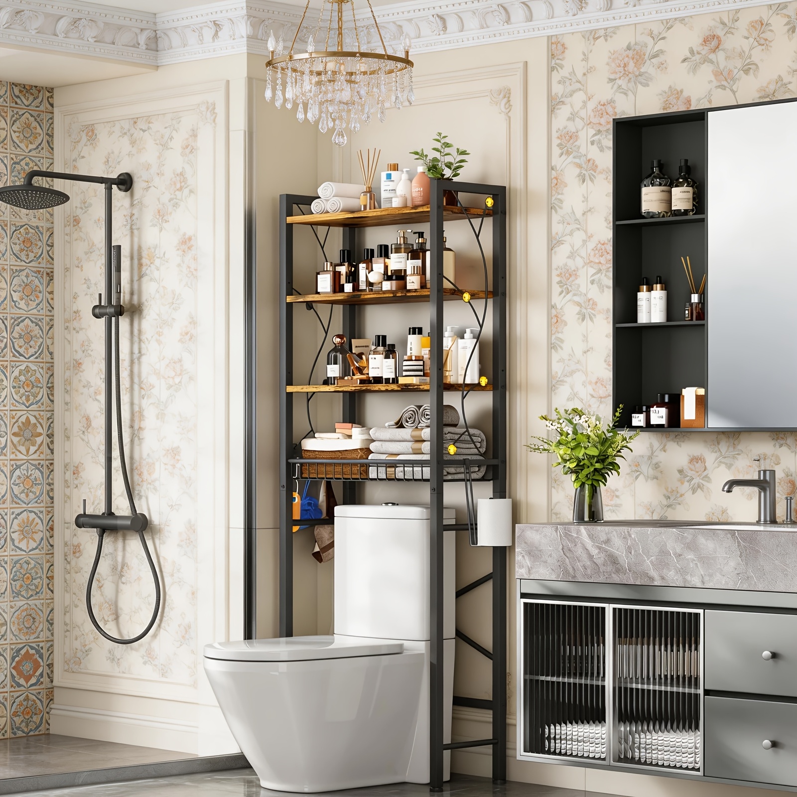 3-tier Adjustable Over Toilet Shelf With Decorative Side Rails, Bathroom Organizer With Basket & Hooks For Bathroom, Balcony & Laundry
