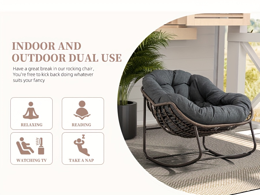 outdoor rattan rocking chair with plush foam cushion sturdy metal frame heavy duty all weather padded recliner manual rocker mechanism for front porch patio garden living room indoor outdoor furniture with cross back design polished finish easy clean surface garden furniture outdoor garden chair rocking chair for living room oversized rocking chair with big cushion outdoor rocking chair oversized outdoor rocking chair set outdoor furniture patio rocker outdoor Product details 1