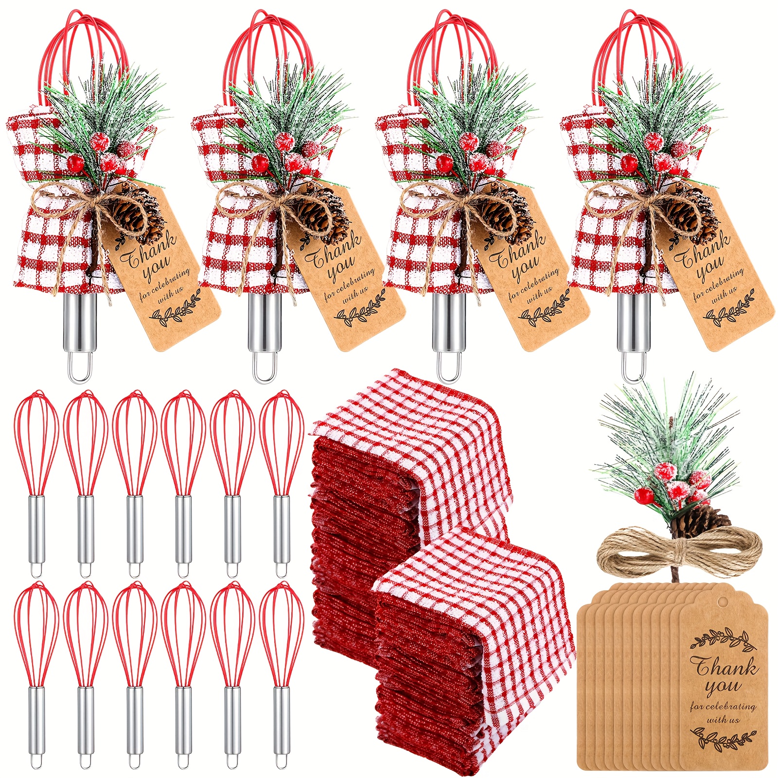 TEMU 12 Sets Christmas Whisk Baking Supplies Gifts Sets Stainless Steel Whisk, Greeting Card, Pine Branches, Towel, Rope For Xmas Neighbor Employee