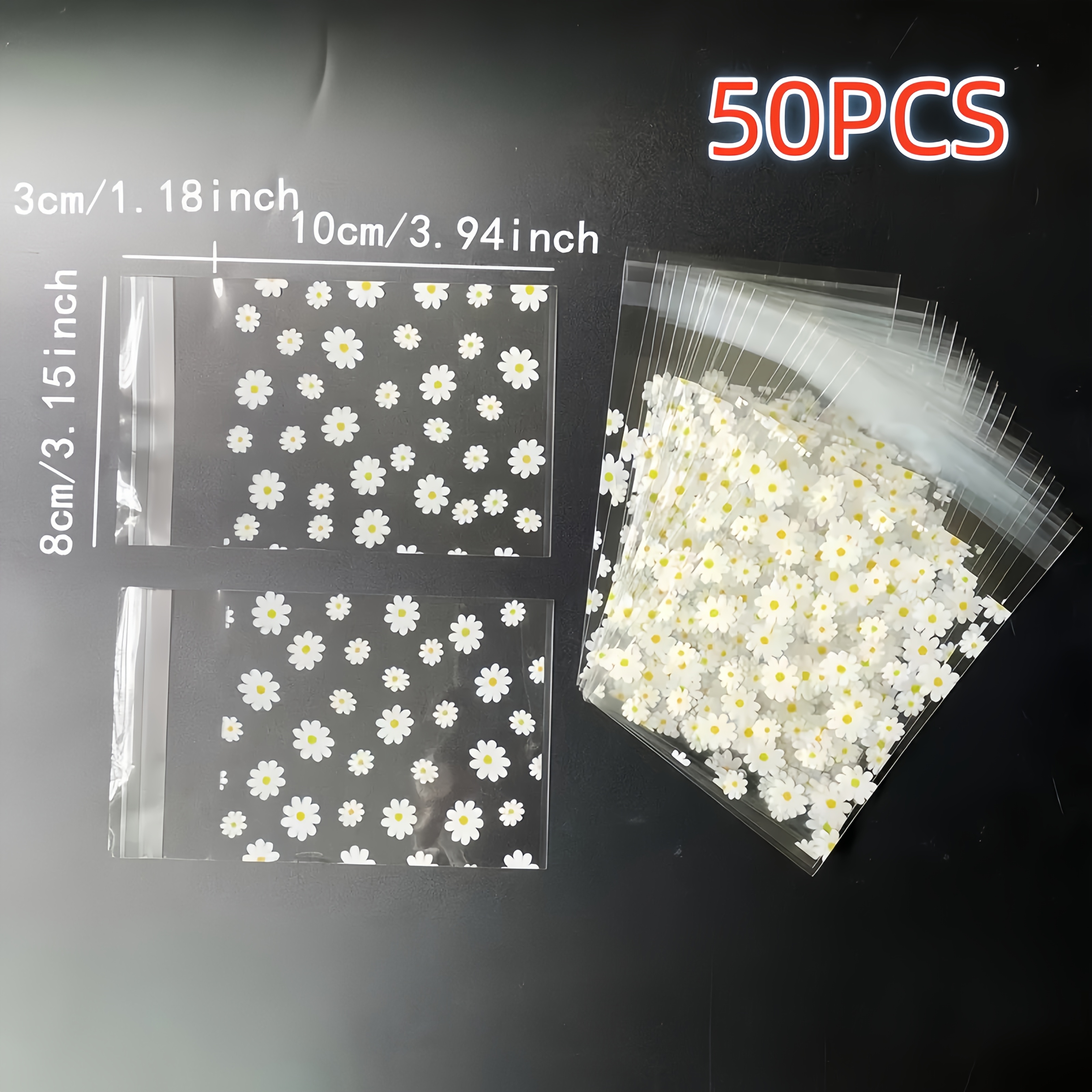 Image of 50/100 Cute Daisy Pattern Opp Self Sealing Bags With Packaging - White Flower Printed Small Gift Packaging Bag - Suitable For Parties, Festivals, And - Halloween, Christmas, And More