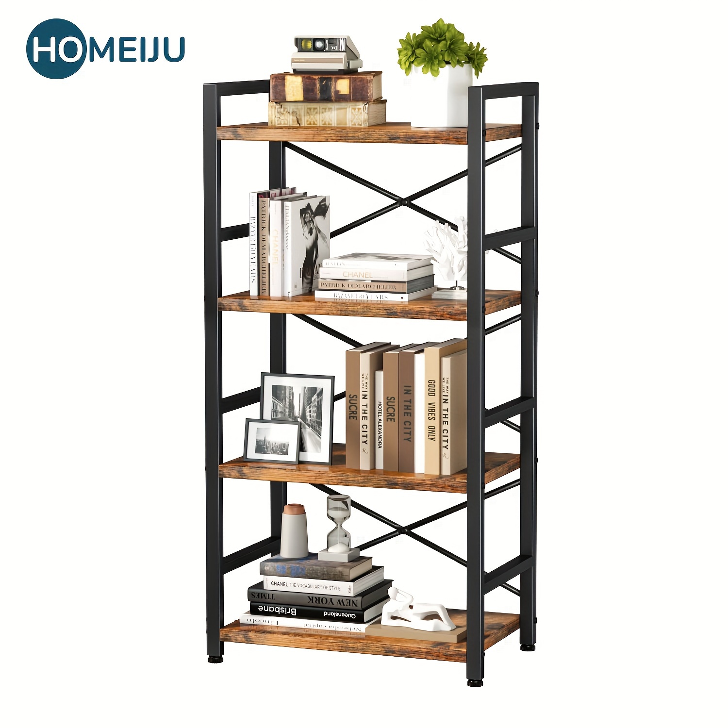 

Homeiju Bookshelf, 4 Tier Small Bookcase, Organizers And Storage, Metal Small Bookcase, Rustic Book Shelf Organization And Storage For Living Room, Bedroom, And Home Office (rustic Brown)