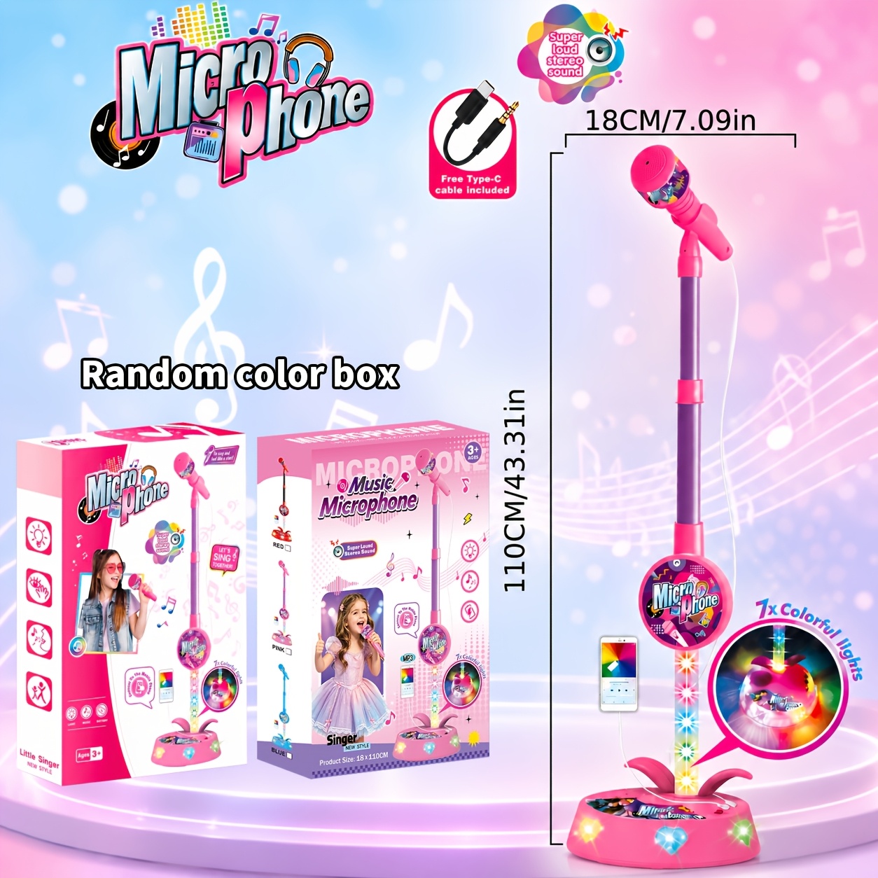 TEMU Kids Standing Karaoke Microphone Toy With Led Lights, Adjustable Height Stand, Wired Connect To Phone, Type C Cable Included, Musical Singing