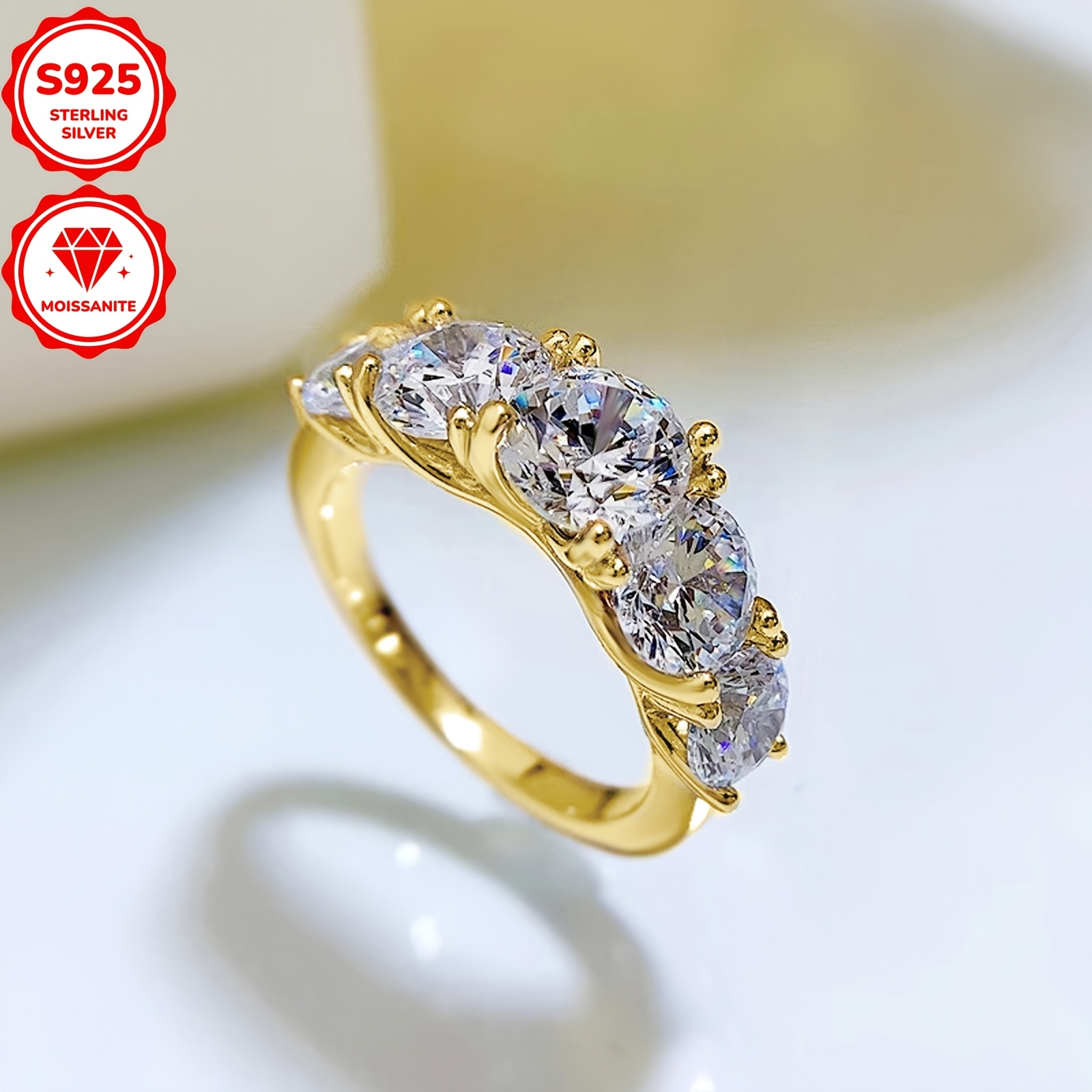 Moissanite 5 Stone 925 Silver Ring, 6.5mm Round Moissanite