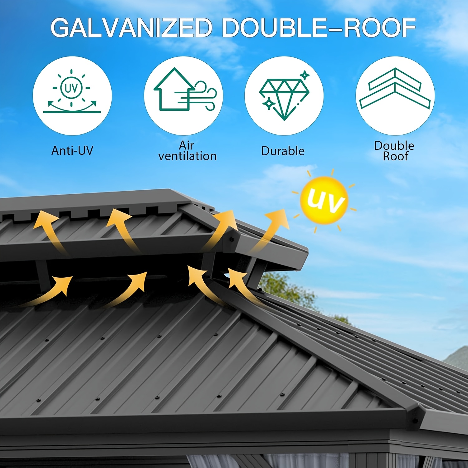 10x10ft Galvanized Steel Hardtop Gazebo with Heavy-Duty Double Roof, Waterproof Netting & Curtains - Outdoor Patio Backyard Deck Lawn Shade Shelter, Mixed Color, Gazebo Curtains Outdoor