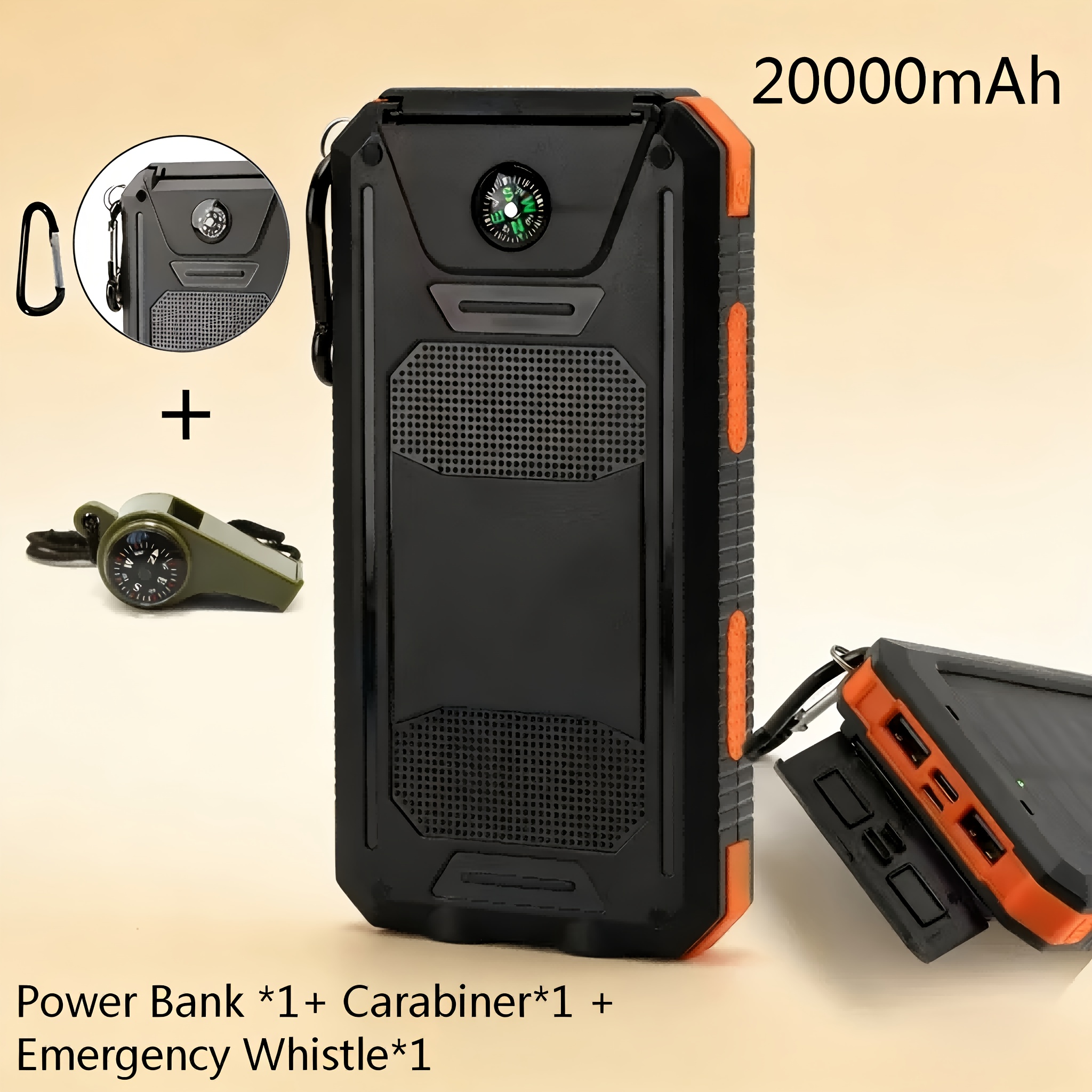 TEMU Portable Solar Power Bank With 10000mah/20000mah Capacity | External Battery Charger For Mobile Devices, Featuring 2 Usb Ports, Led Flashlights,
