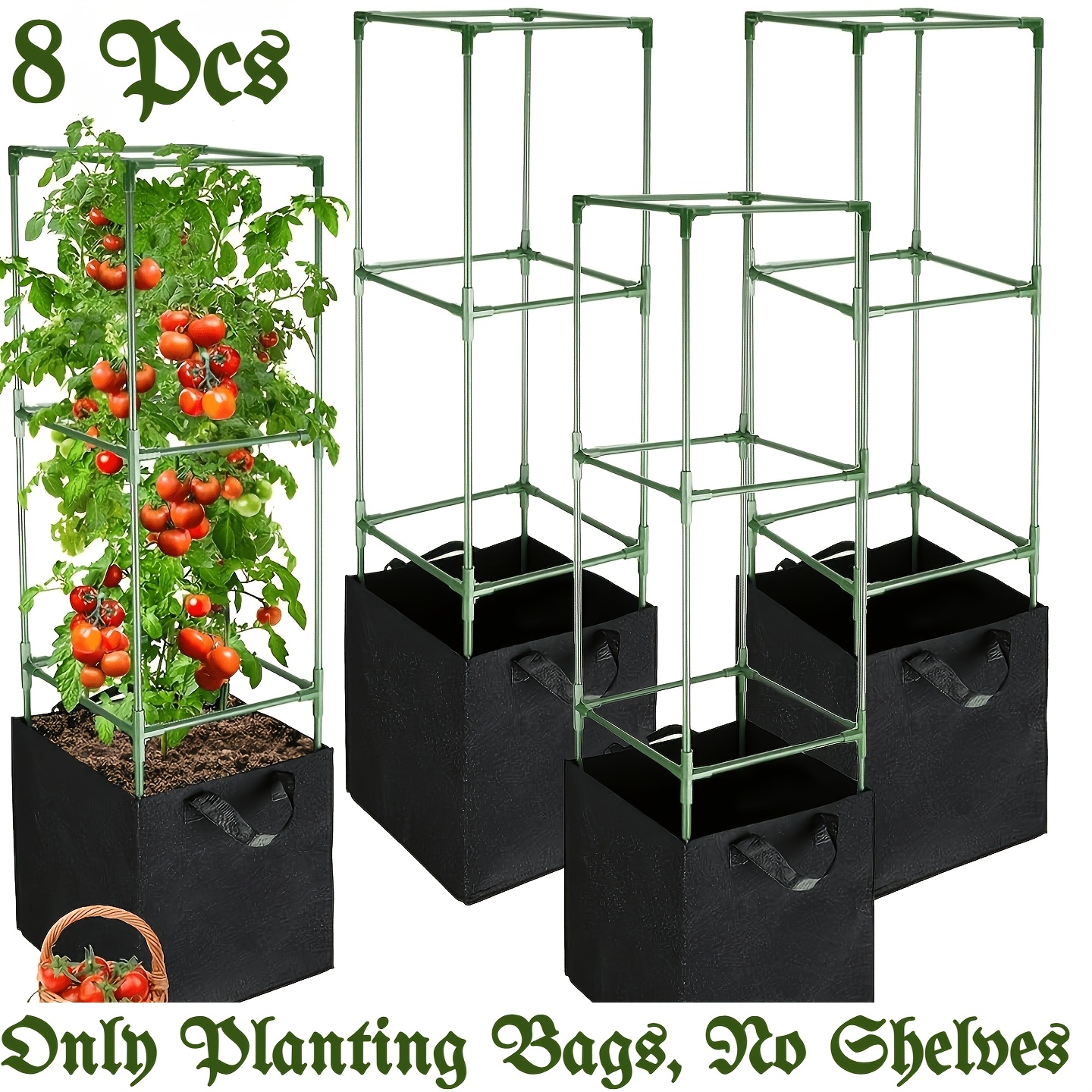 TEMU 8- Tomato Planting Bag Set (without Stand) | 7 Gallon Non-woven Square Planting Bag With Square Plant Climbing Stand, With Reinforced Handle,
