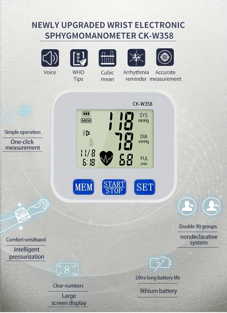   kun rechargeable   wrist blood pressure cuff monitor with usb charging automatic digital bp machine voice broadcast large display screen built in lithium battery ck w358 Product details 1