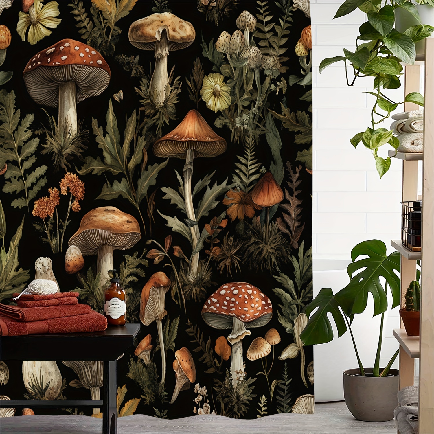 

Vintage Mushroom Print Water-resistant Bathroom With 12 Hooks, Machine Washable, Polyester Art Theme Fabric, Bath Accessory
