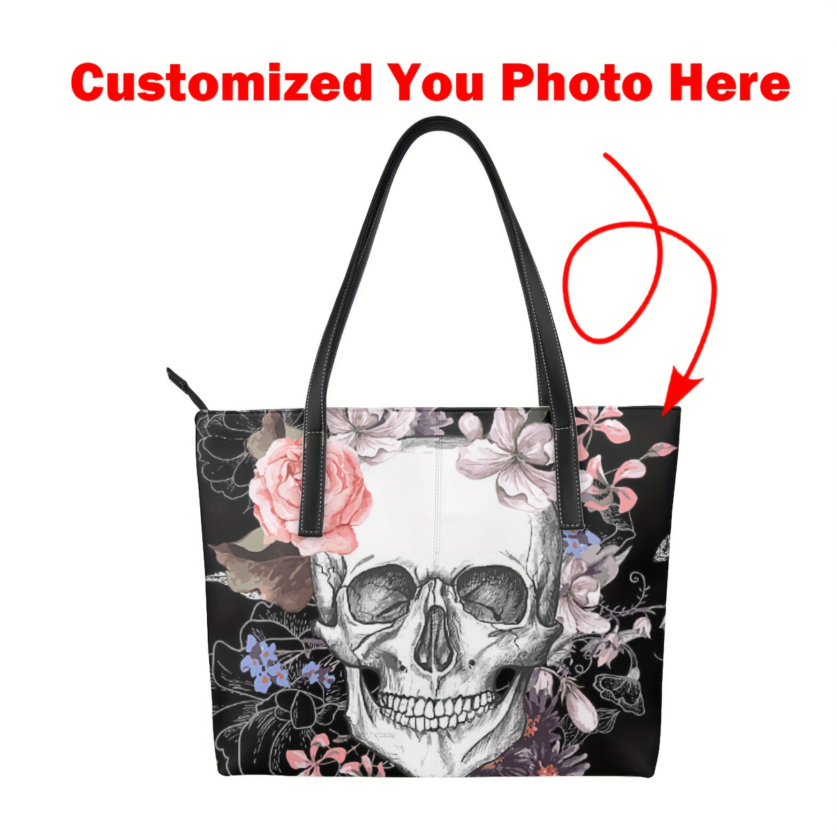 

Personalized Zipper Tote Bag, Faux Leather Large Capacity Tote Bag
