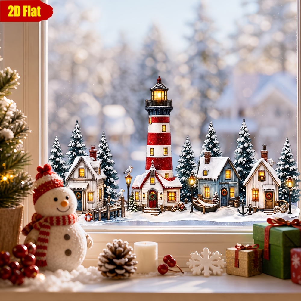 TEMU 2d Flat, 1pc 2d Flat Christmas Snow Scene Village Static Cling Window Decal, Featuring A Striped Lighthouse, Snow-covered Cottage, Pine Trees,