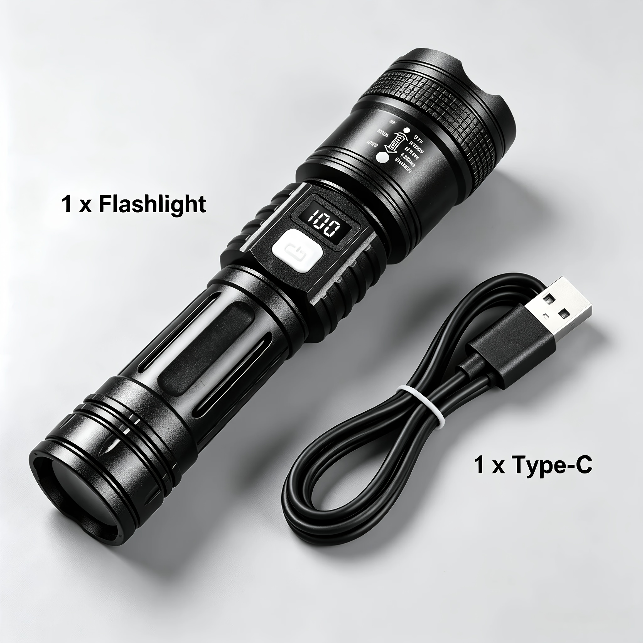 TEMU Rechargeable Flashlight Single Unit, High Zoomable Spotlight With Lcd Power Display And 3 Mode Settings, Ergonomic Lightweight Abs Handle,