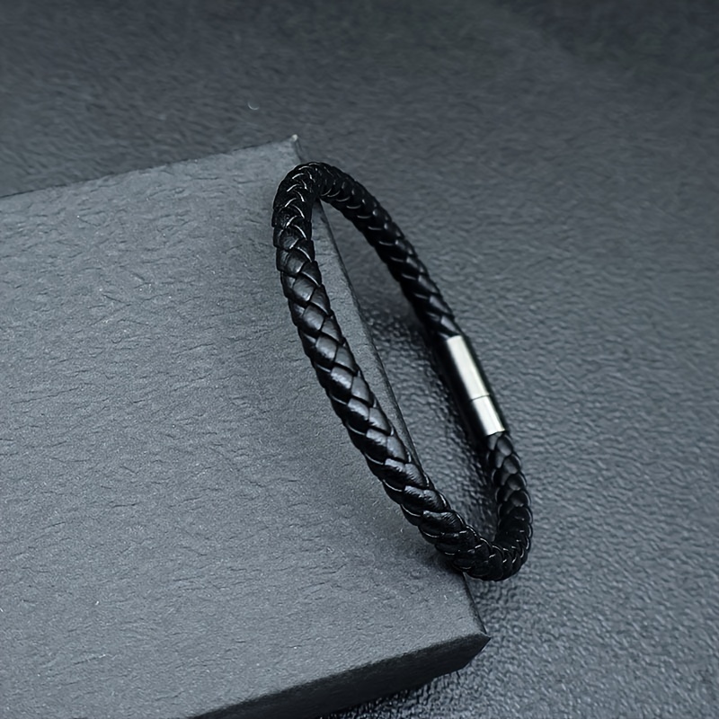 Image of 1pc Men's Fashion Braided Leather Wristband, 6mm Vintage Genuine Leather, No Plating Or Inlay, Couples Bracelet