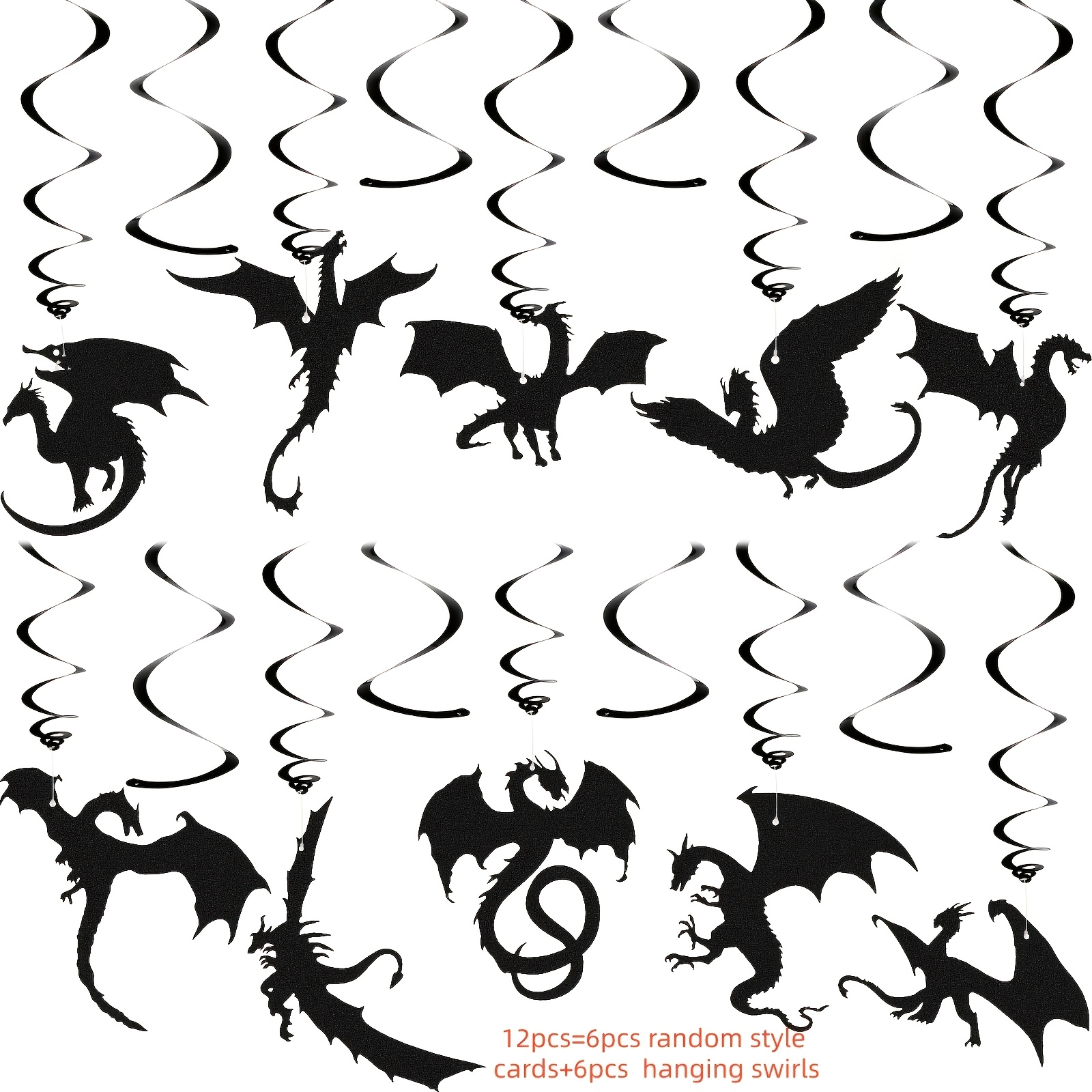TEMU 12pcs Random Style Dragon Party Decoration Swirl Foil Hanging Ceiling Decoration For Dragon Themed Birthday Medieval Themed Party, Christmas