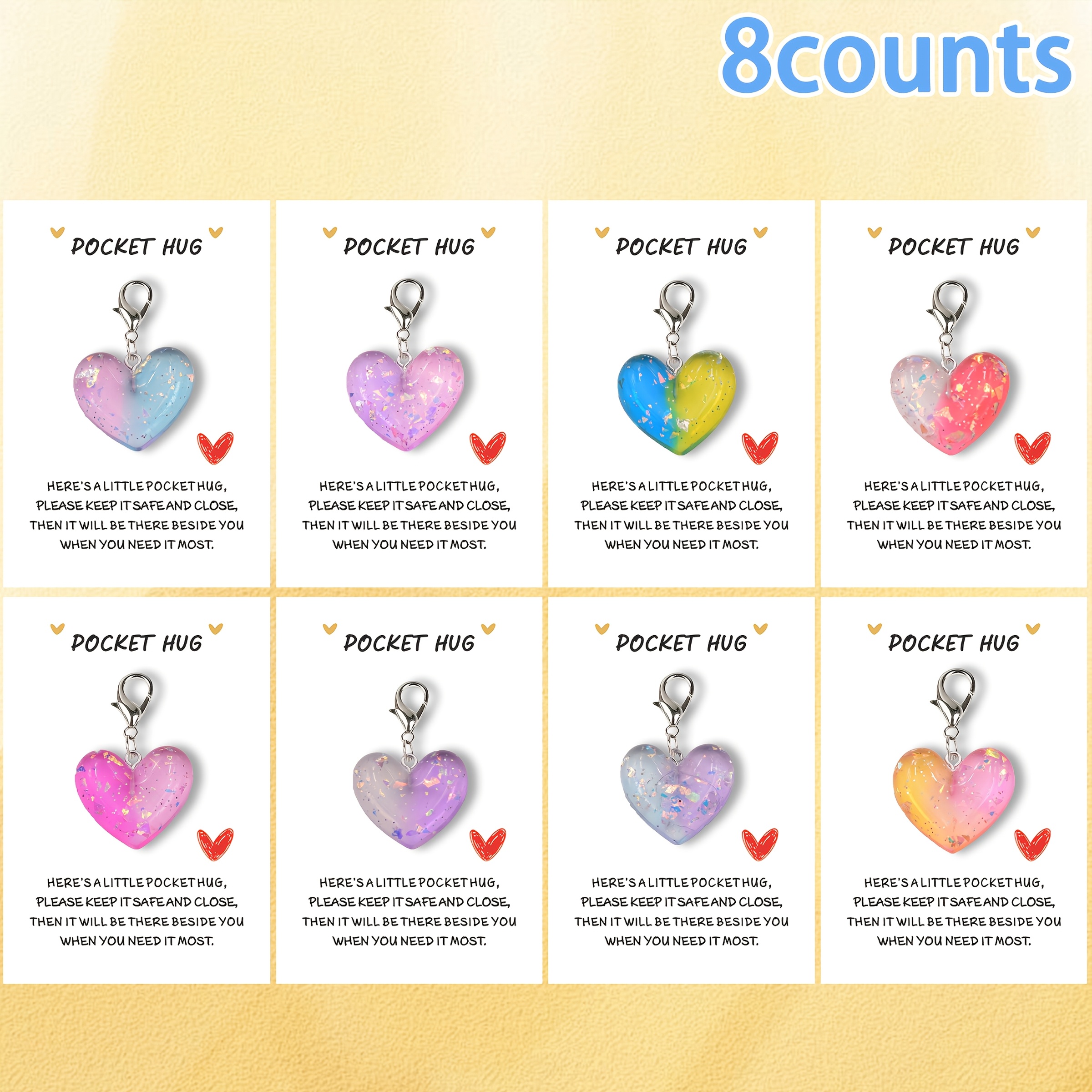 

8-pack Sequin Heart Keychains With Encouragement Cards, Mini Resin Glitter Key Rings, Inspirational Hug Cards, Perfect Gift For , Present For Valentine's Day, Birthday