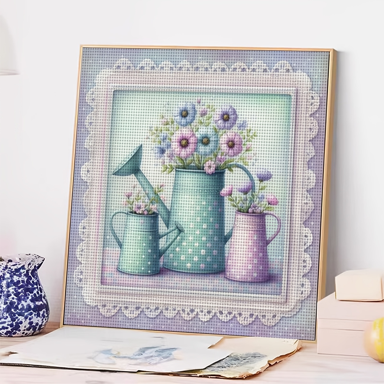 Cross Stitch Kit, "Colorful Watering Can with Fresh Flowers" Pattern