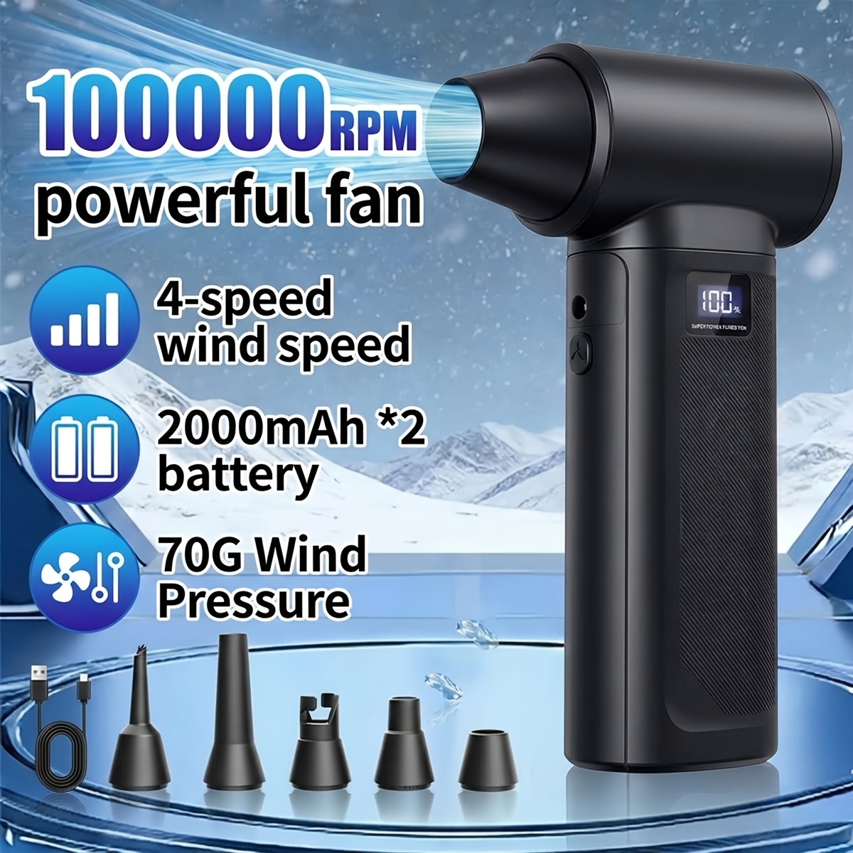 TEMU 4-in-1 Cordless Snow Blower And Turbo Jet Fan, 100000 Rpm Brushless Motor, 4000mah Rechargeable Air Duster, Blower For Car Windshield , Computer
