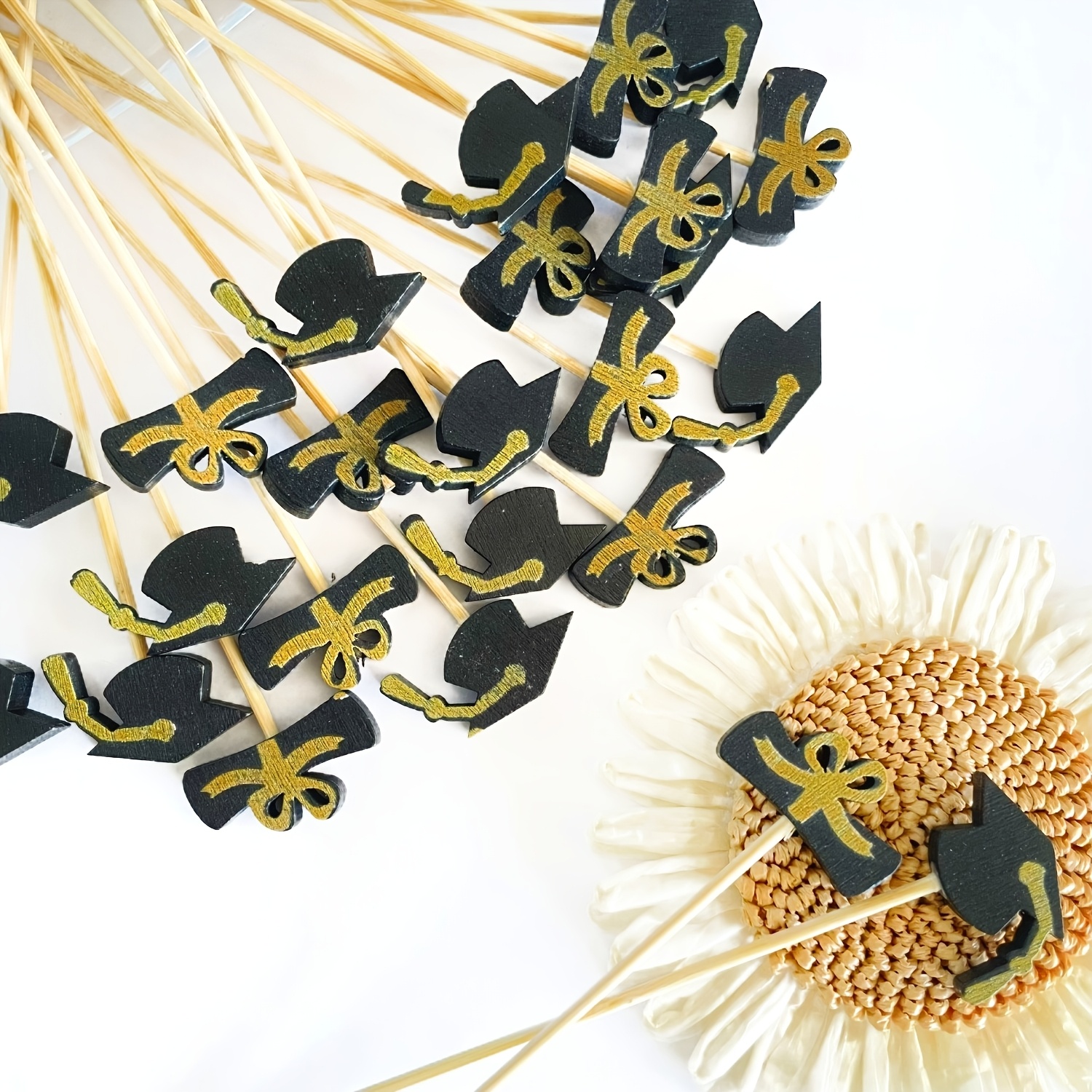 Image of 48pcs Graduation Picks | Inch Long Bamboo Bachelor Hat Diploma Design Appetizers Skewers | Drinks Charcuterie Accessories Desserts Sticks | Graduation Party Decoration Supplies