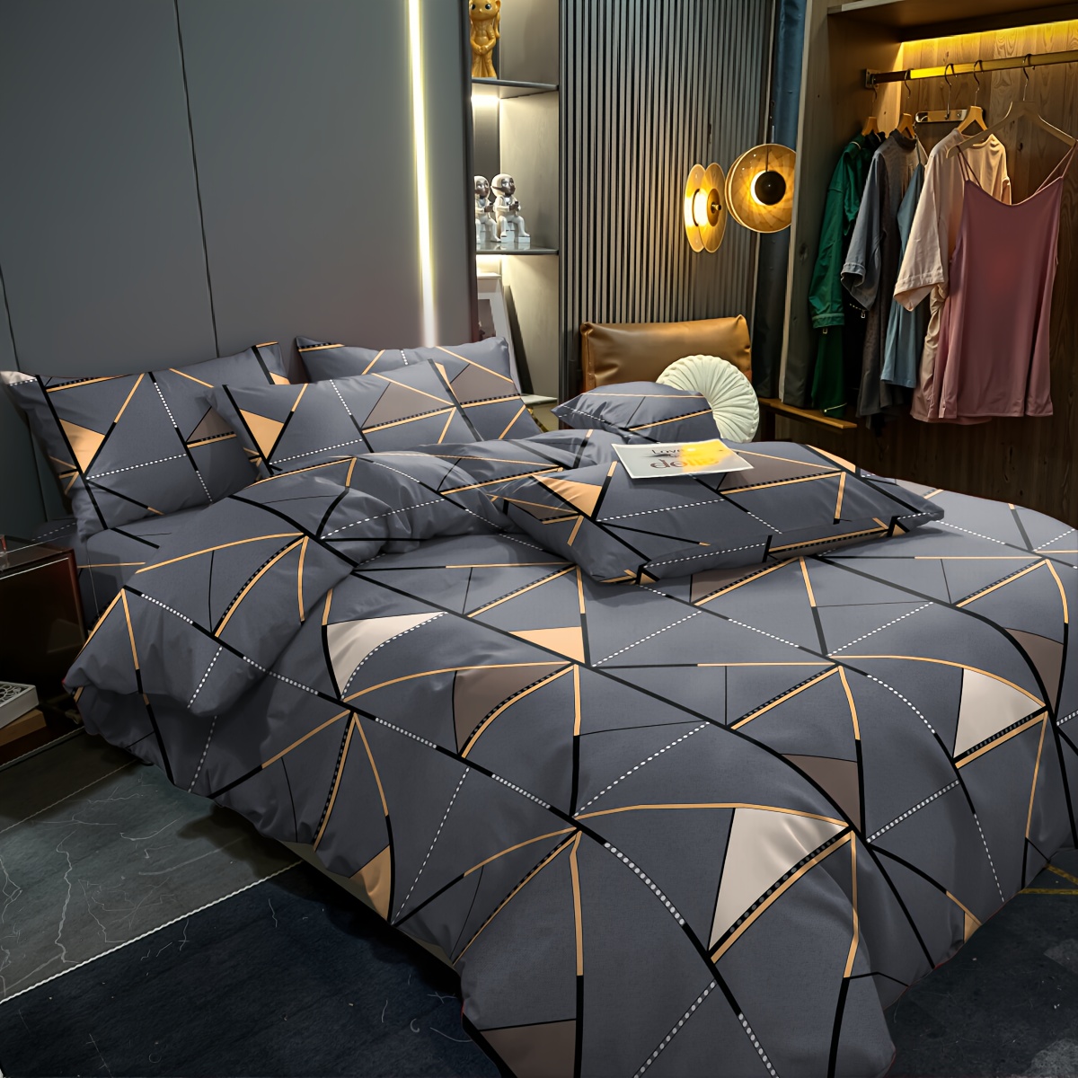E-shop 3-teiliges Set, golden gestreiftes Dreiecksmuster Bettbezug Bettwäsche, weich, bequem und atmungsaktiv, geeignet für Schlafzimmer Gästezimmer