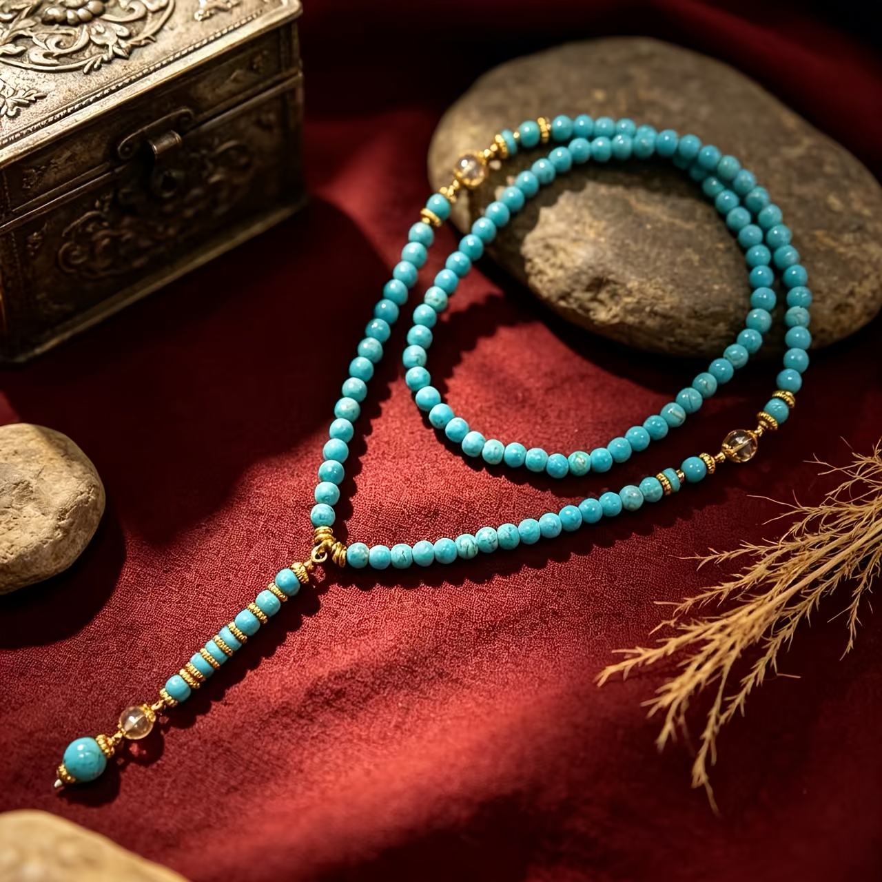 TEMU Nouveau collier de style chinois en turquoise bleue, chaîne de pull et haut de gamme, collier pour homme de style ethnique tibétain
