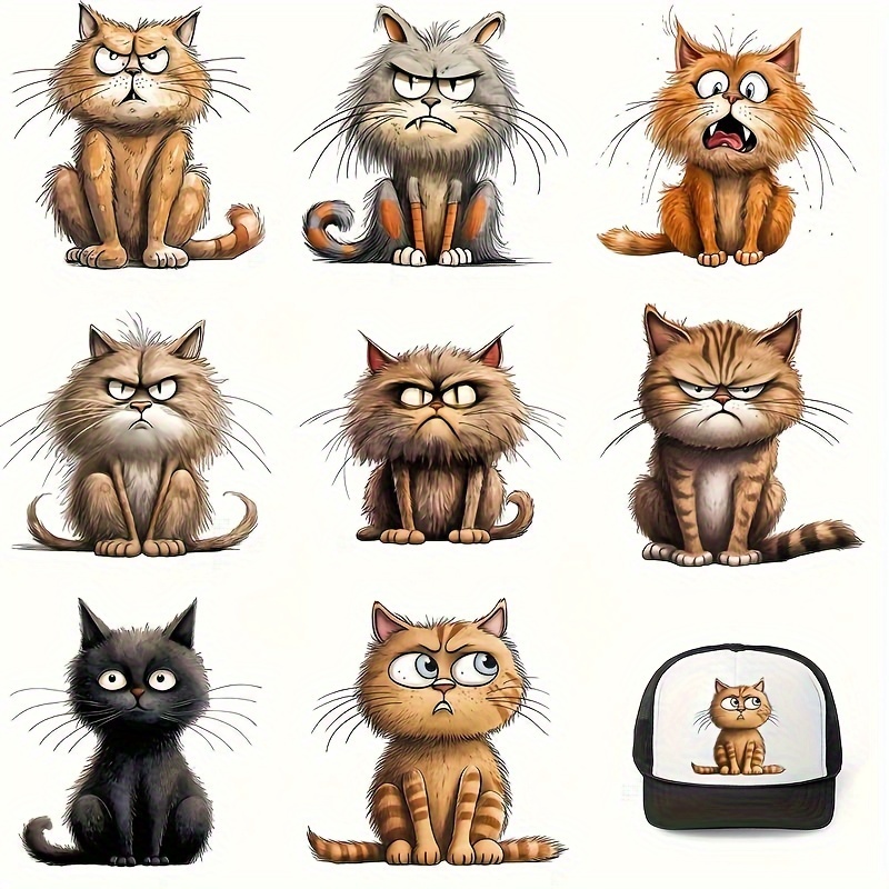 

8pcs Funny Cat Iron-on Heat Transfer Decals - Diy Customization For T-shirts, Jeans, Masks, Backpacks & Pillows - & Washable Design Stickers, Cat Stickers