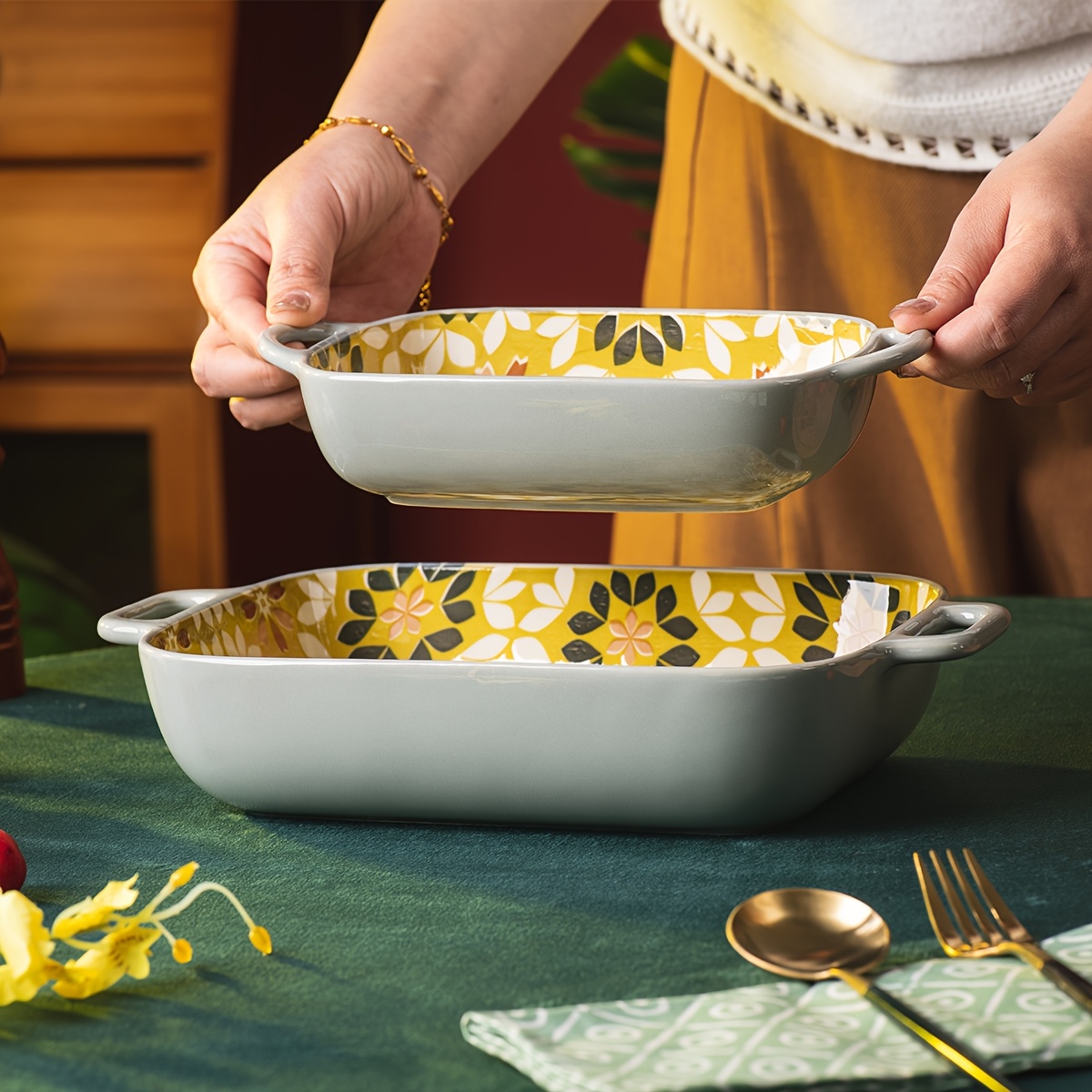 bohemian chic square ceramic baking pan floral pattern gray Temu