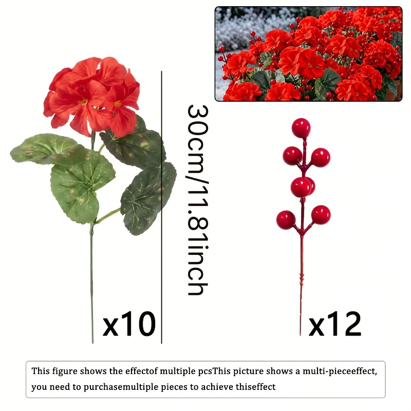 TEMU 22pcs Realistic Artificial Geranium Flowers With Uv-resistant Suitable For Outdoor/ Use, Plastic Red Geranium Clusters & Foliage For Pots,