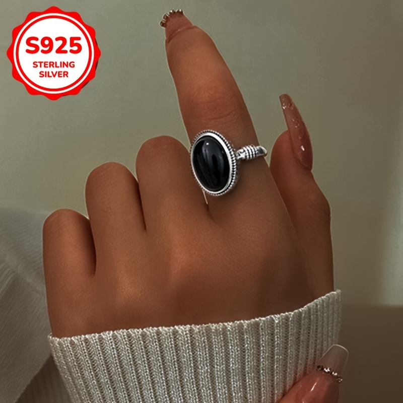 

1pc Vintage Style Women's Ring, S925 Sterling Silver, Oval Black Agate, Birthstone, Daily & Vacation Wear, All Compatible, 3g Weight