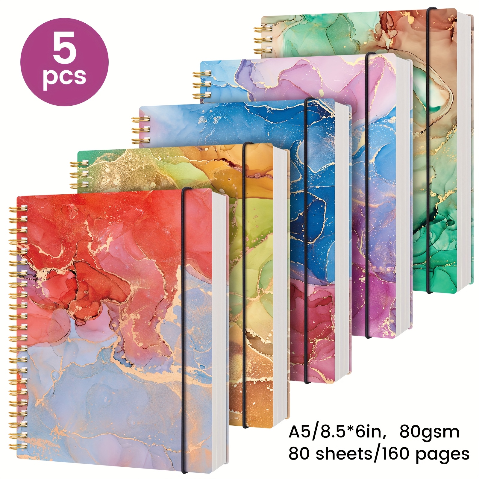 

5pcs Hardcover Spiral Notebook - A5, 400 Sheets/800 Pages, 5 Colors, Marble Texture, Work, Home, School Supplies, Back-to-school Gifts, Valentine's Day Gifts