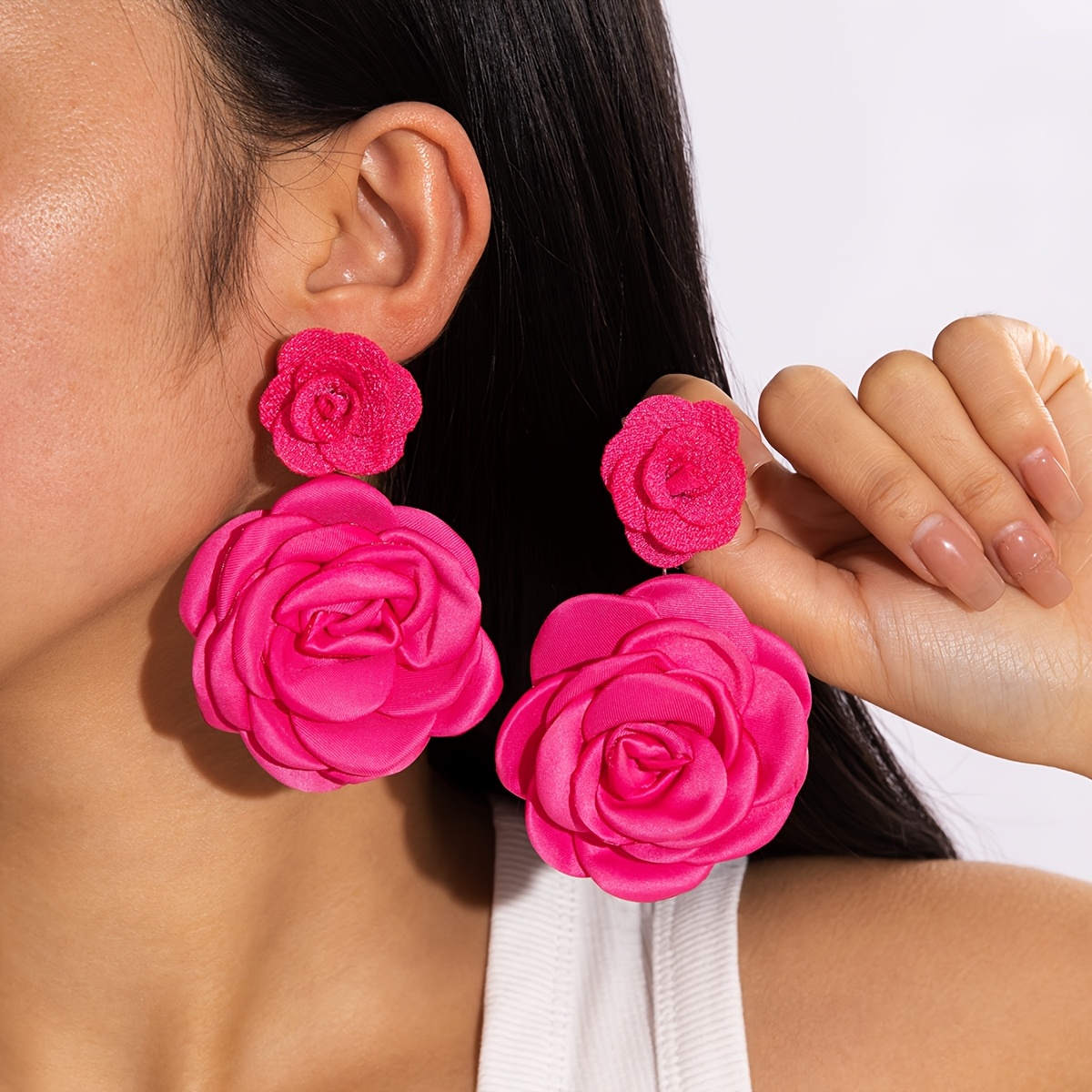 E-shop 1 Paar Elegante Romantische Faser Große Blumen Ohrringe Quaste Geeignet für Damen Ball Party Valentinstagsgeschenk
