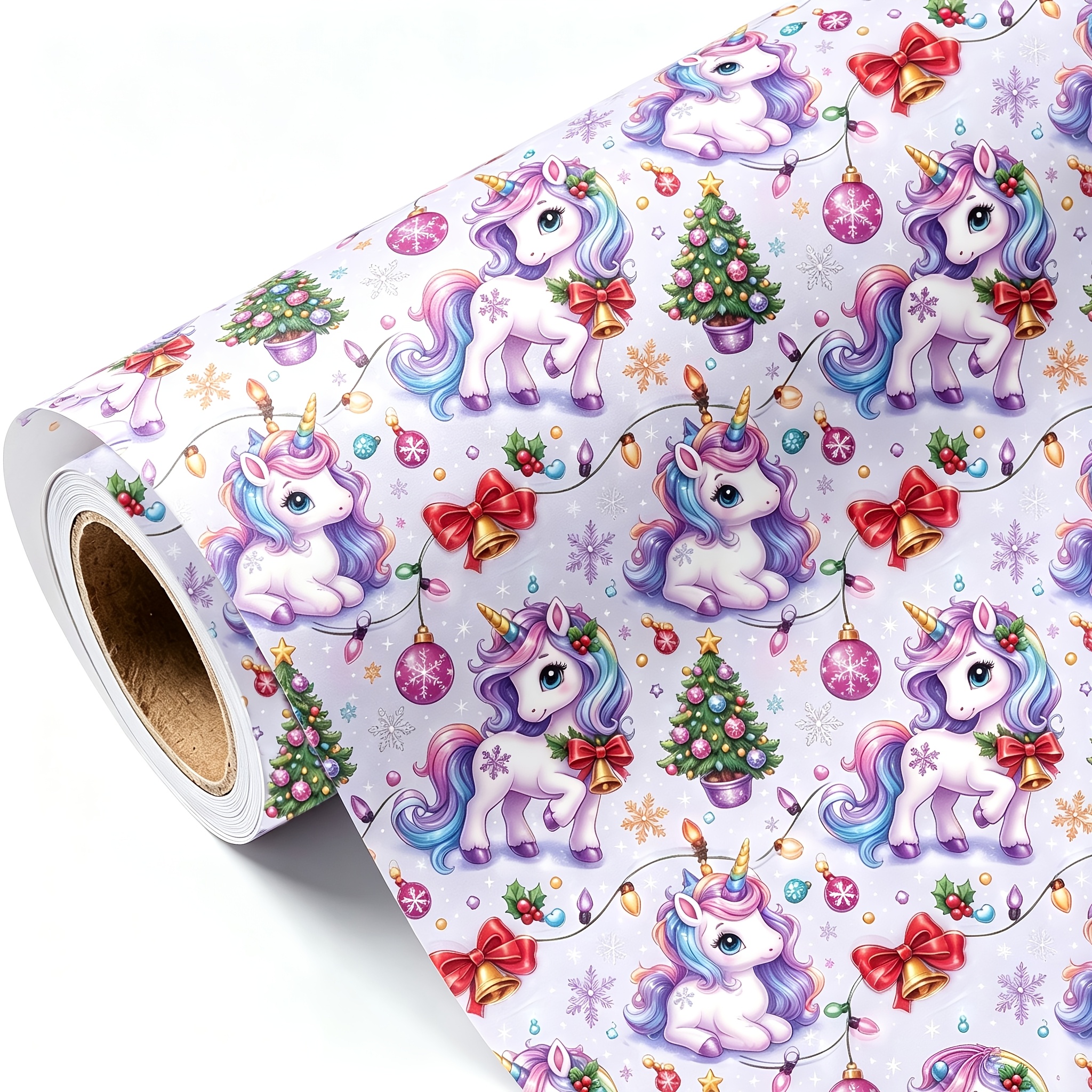 TEMU Rouleau de de Noël sur le thème des animaux fantastiques mignons, 17,7 x 118 pouces, de Noël mini sapin avec cloches et licorne pastel, motif de